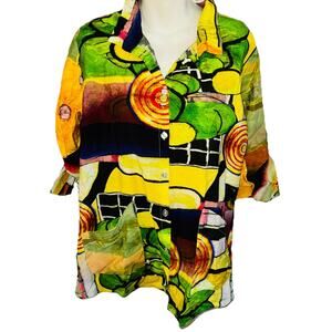 Shana Art To Wear Multi Color Geometric Print Top Roll Tab Sleeves Medium NWT